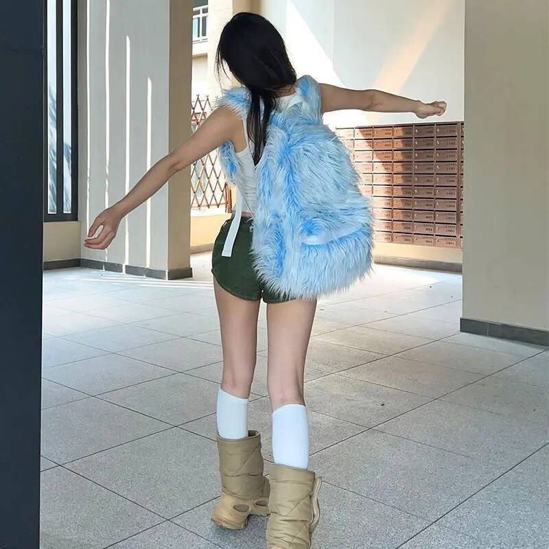 Y2k Fluffy Backpacks Color Contrast Winter Travel Bags Outdoor College Student Fashion School Bag Haruku Faux Fur Backpack New high-quality