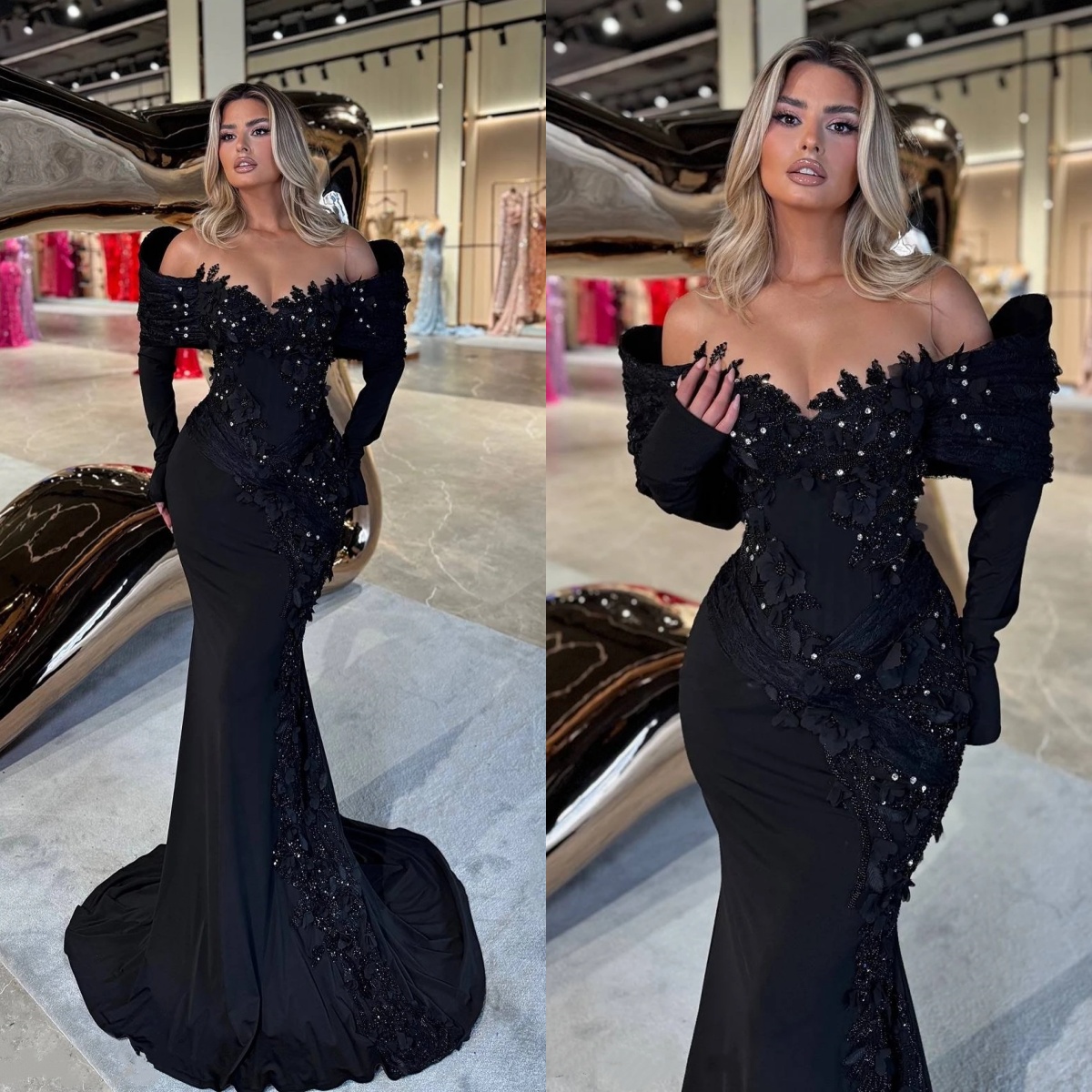 Vintage Appliques Evening Dresses Off Shoulder Prom Gowns Beading Rhinestone Long Sleeves Sequins Princess Customized Vestidos De Noche Plus Size