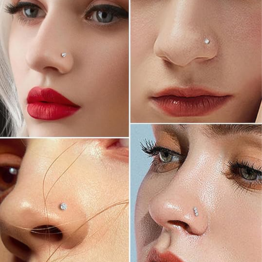 15PCS Titanium Nose Studs Ring L-Shaped Round CZ Ball Opal Star Heart Nose Studs Nostril Body Piercings Jewelry Set for Women Men Silver Tone 20G