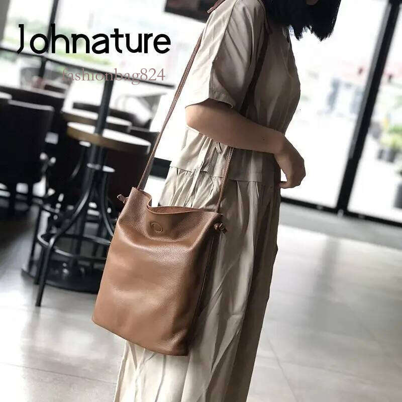 Johnature Simple Nature Soft Cowhide Women Bag 2025 New Genuine Leather Large Capacity Solid Color Shoulder & Crossbody Bags