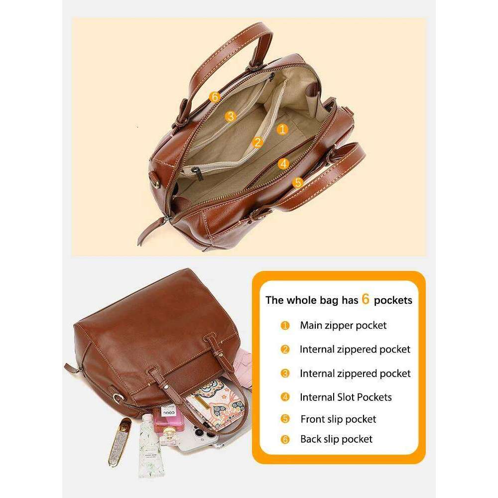 Zency Genuine For Women Large Capacity Shoulder Natural Leather Boston Bag Organizer Pockets Handbag Purse