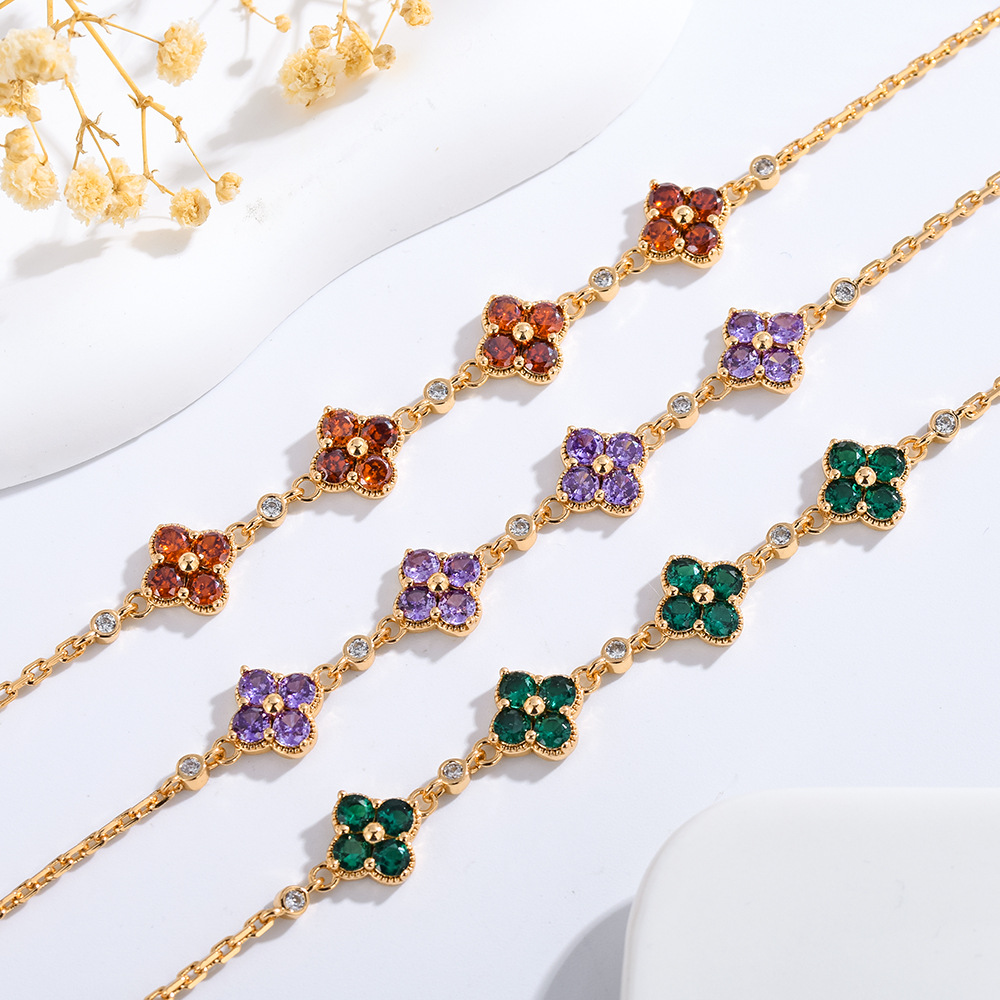 High-End Colorful Gemstone Light Lucky Four-Leaf Flower for Women with Micro-Paved Zirconia, Exquisite Fashion Bracelet