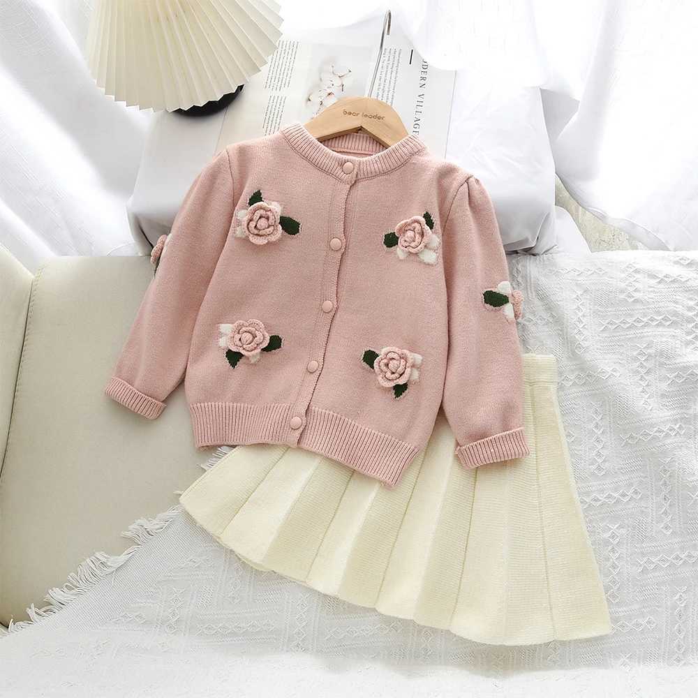 Korean Pink Childrens Set Long Sleeved Baby Girls Clothes 3D Flower Decoration Knitted Cardigan Top Skirt 2 Pcs L250926XC66