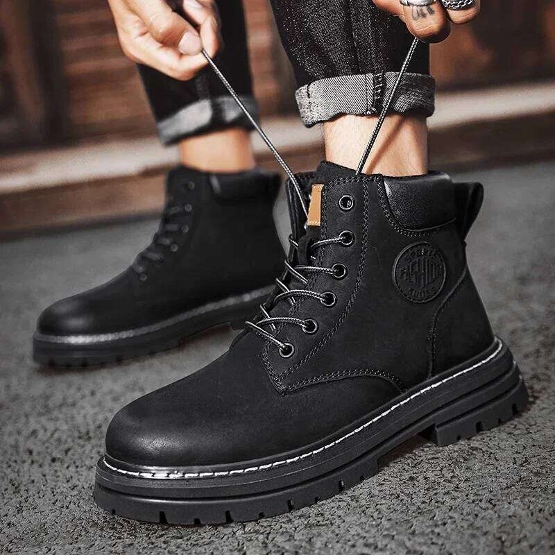 Top High Quality Women Leather Shoes Fashion Outdoor Sneakers Men Lace Up Non-Slip Ankle Boots for Couple