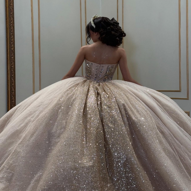 Champagne Shiny Quinceanera Dresses Off The Shoulder Beading Crystal Corset Tull Party Birthday Sweet 16 Dress Vestidos 15 De Anos