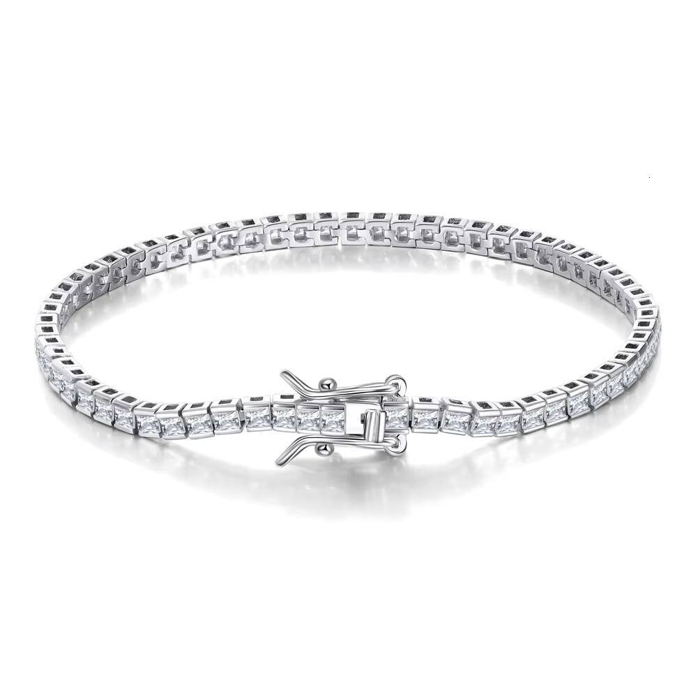 RINNTIN SB144 S925 Sterling Silver Rhodium Plated Bezel Setting 2mm Princess Cut CZ Casting Tennis Bracelet for Women