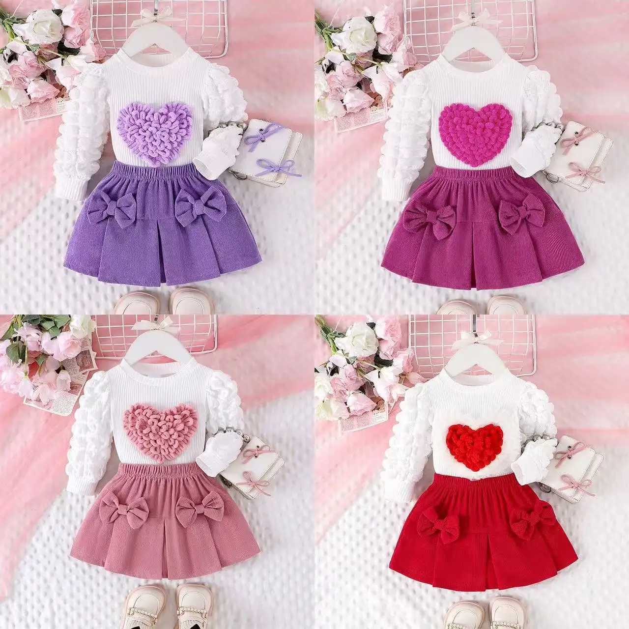 Childrens Spring and Autumn Set Girls New Bubble Sleeve Love TopBow Short Skirt Two Piece Set Kids Outfits L250926DUIQ