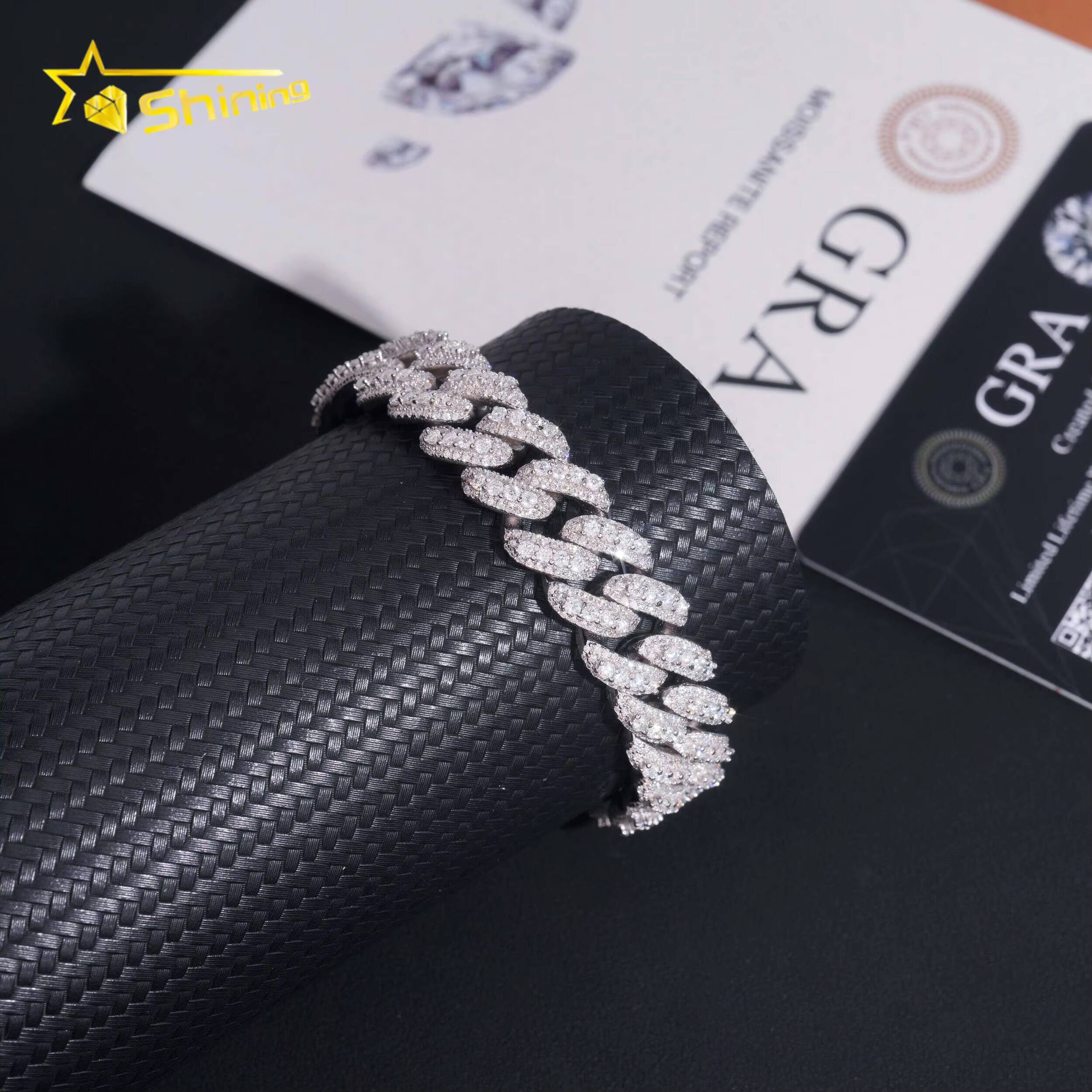 Hip Hop GRA Certificate 13MM Moon Shape Moissanite Cuban Link Bracelet Custom 925 Bracelet Sterling Silver for Men Fine Jewelry
