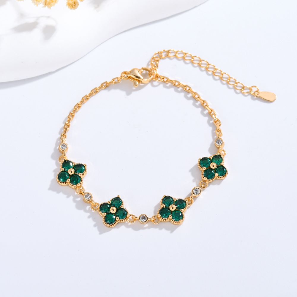 High-End Colorful Gemstone Light Lucky Four-Leaf Flower for Women with Micro-Paved Zirconia, Exquisite Fashion Bracelet