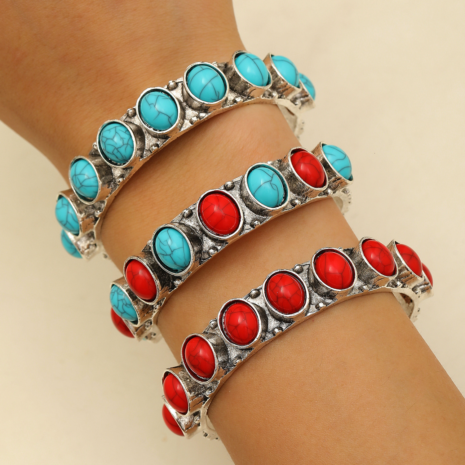 Ethnic Style Bohemian Turquoise For Women Carved Hollow Adjustable Open Bracelet