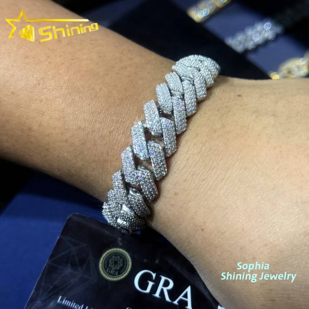 Luxury Bling Fine Jewelry S925 Sterling Silver Hip Hop Iced Out Vvs Lab Diamond Moissanite Cuban Link Bracelet