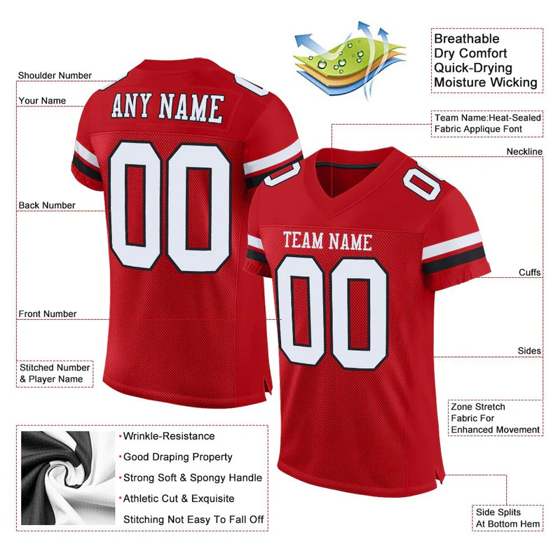 Custom Red White-Black Mesh Authentic Football Jersey