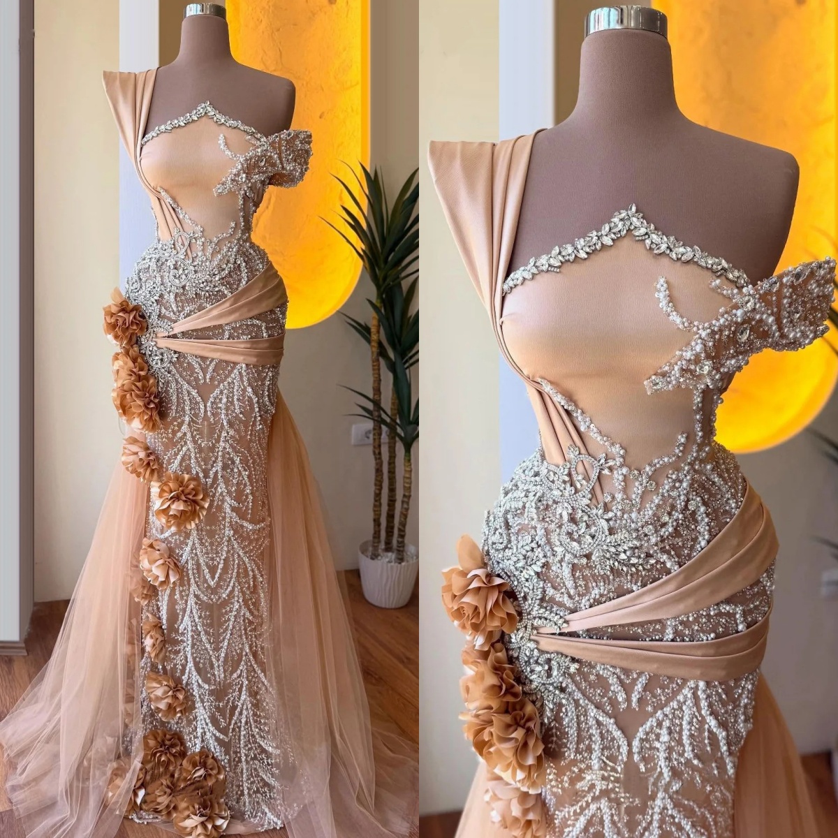 Gorgeous One Shoulder Evening Dresses Pearls Crystal 3D Flowers Prom Gowns with Overskirts Illusion Customized Vestidos De Noche Plus Size