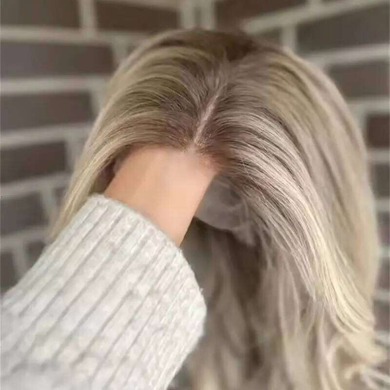 Invisible Transparent Ombre Platinum Blonde with Dark Roots Party Lace Front Wig Synthetic HD Wigs For Women 20''