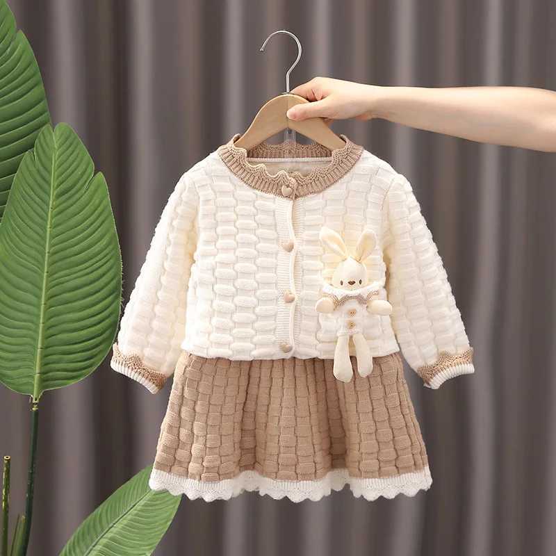 Girls 2025 autumn and winter new knitted sweater set childrens cardigan twopiece set top and skirt L250926Z1BI