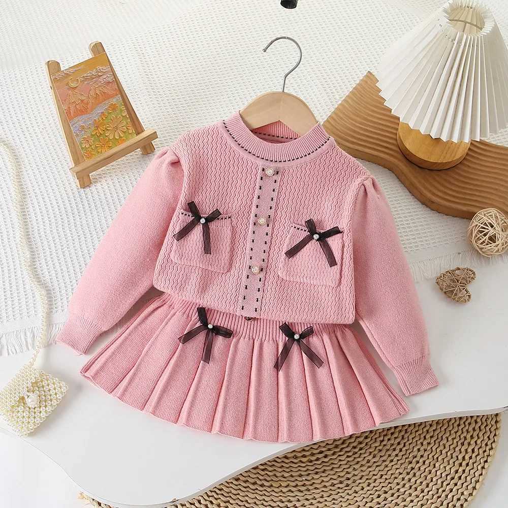 Girls pocket bow pullover sweater bow pleated skirt Small fragrance set sweater knitted sweater kids clothes L250926P1JN