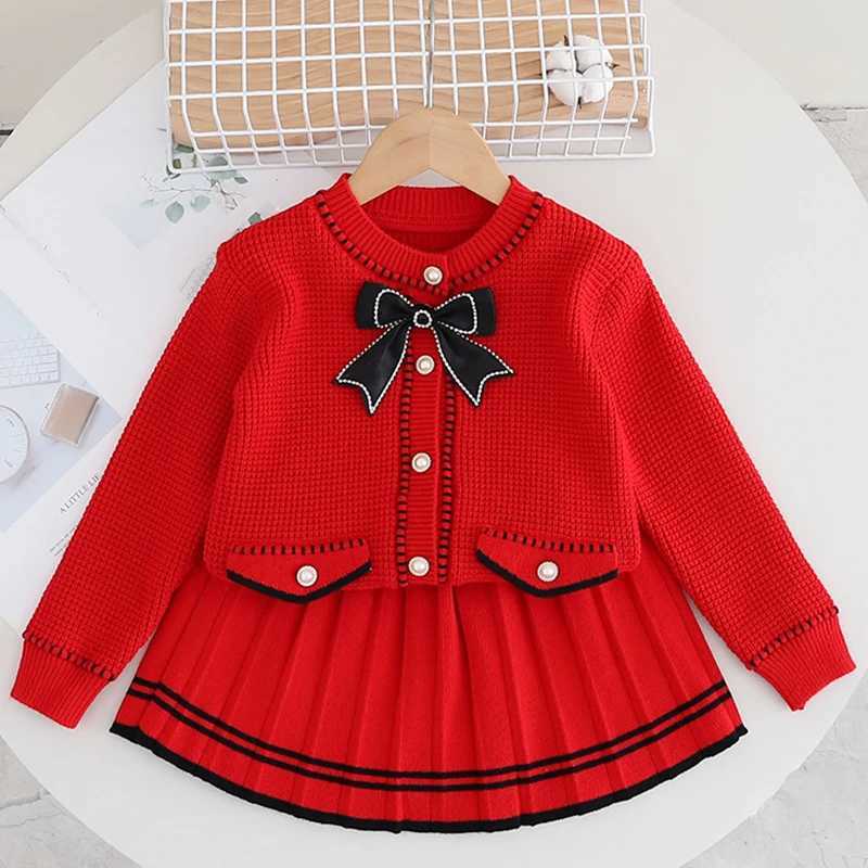 Christmas Suit Knitted Single row pearl buckle Baby Gir Clothes Red bow knitted sweaterPleated Skirt Baby New Year Set 2Pcs L250926J2KT