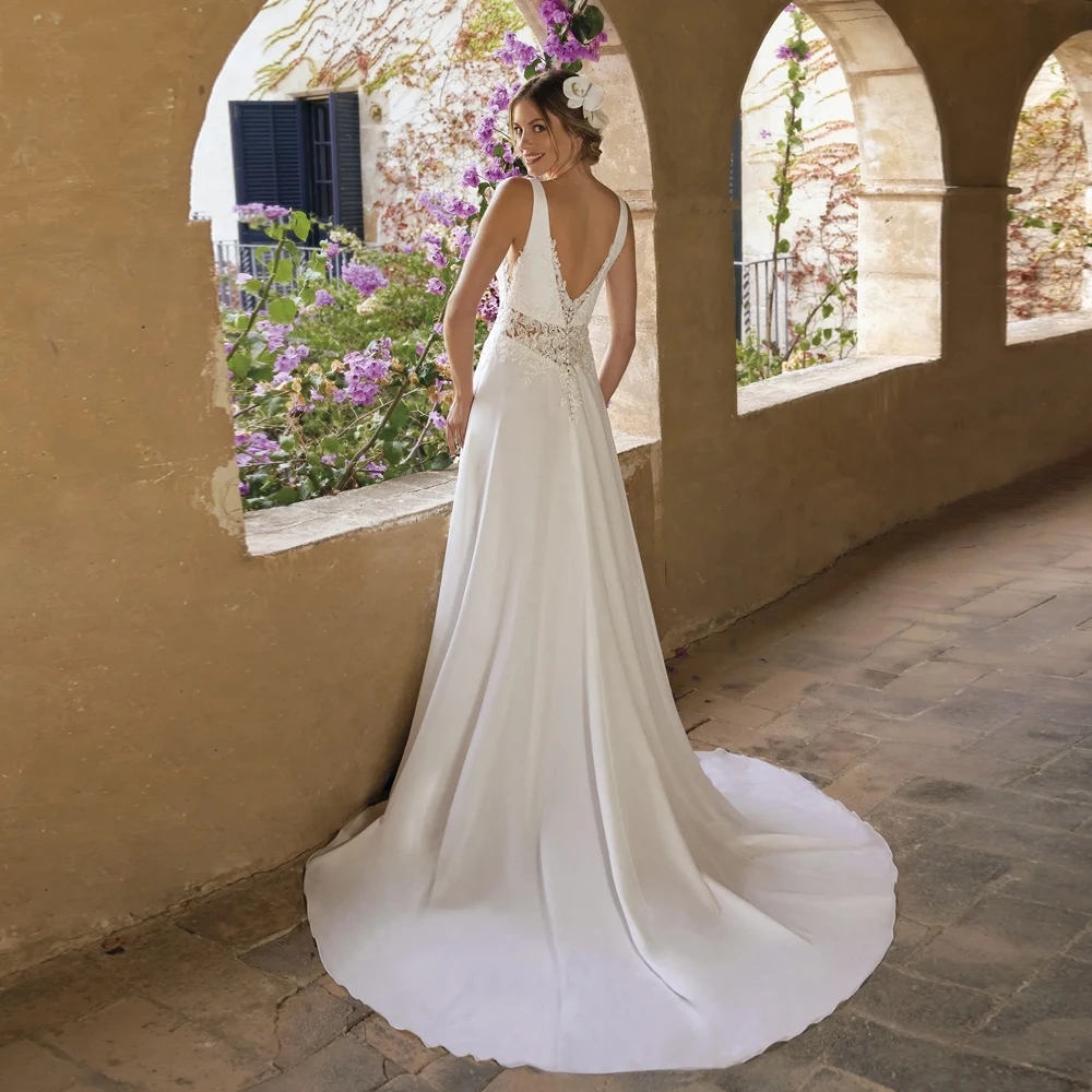 Classic Spaghetti Straps Wedding Dress 2026 A Line Bridal Grown V Neck Chiffon Customized Applique Lace Sequined Illusion Vestidos De Novia