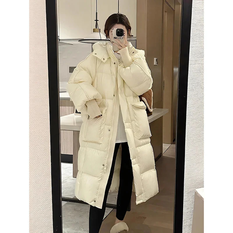 Schinteon Women White Duck Down Long Jacket Autumn Winter Casual Loose Warm Thick Outwear with Hood Fashion Coat 250917