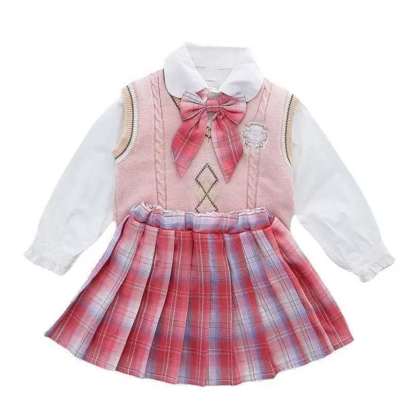 Girls JK College Style Suit Autumn Winter New Sweater Vest Doll Collar Shirt 3 Pieces Pleated Skirt Boutique Kids Clothing Set L250926QOUS