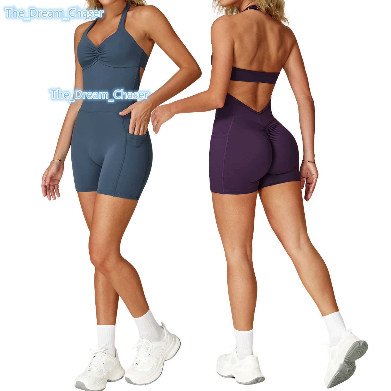 Athletic One Piece Jumpsuit for Women Back Cutout Halter Bodysuit with High Waist Ruched Front and Breathable Stretch Material