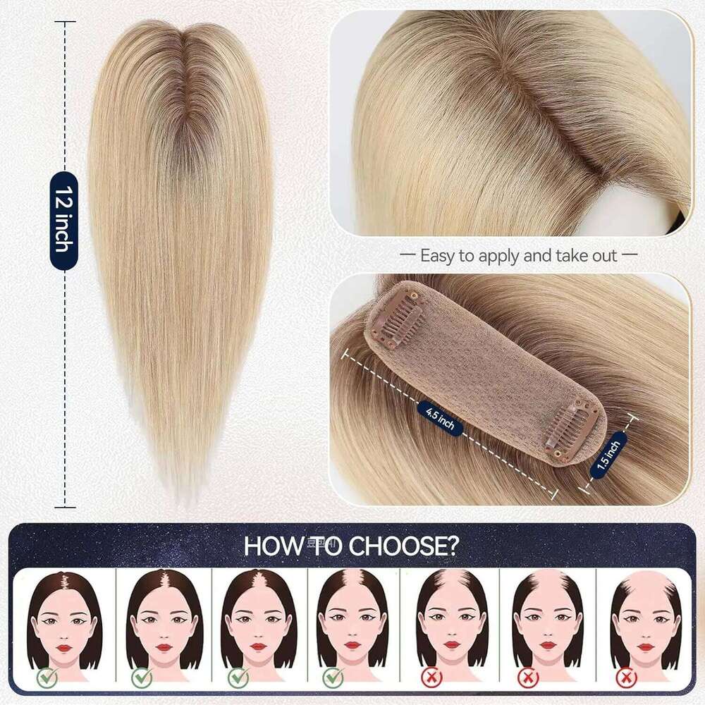 12 Inch Silk Base ombre Light Blonde No Bangs Straight Natural Human Hair Toppers for Women Daily Use