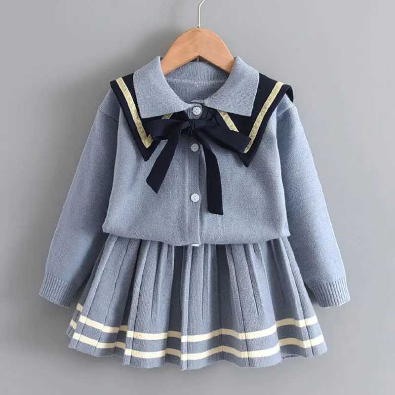 Girls 2025 JK Uniform Set Childrens SpringAutumn Knitted Cardigan Skirt 2piece Set Kids School Breathable Clothing Set LH733 L250926HOYP
