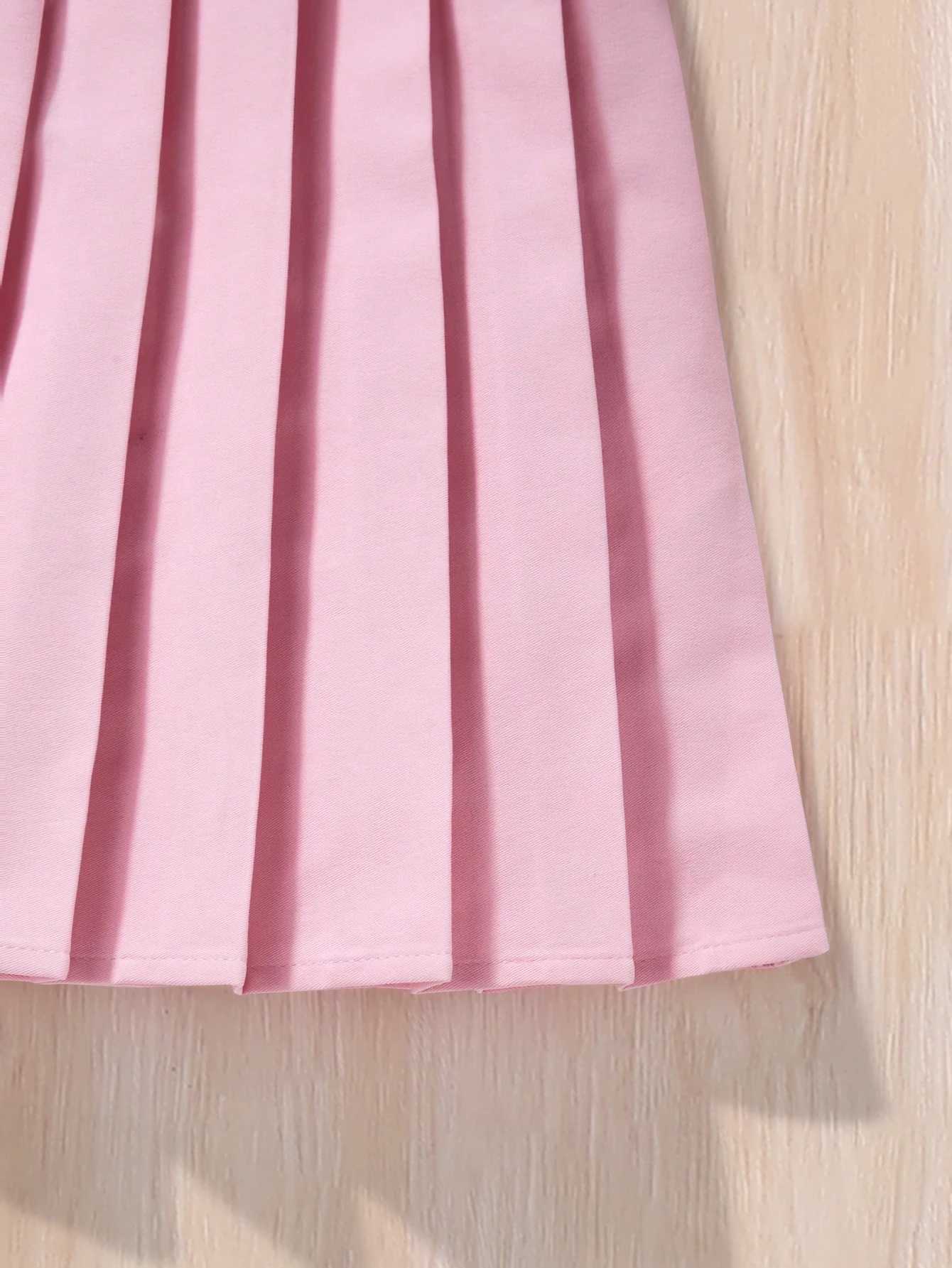 Girls Casual Preppy Dress Pink Long Sleeve Spring Autumn Fashion Outdoor Letter Print Lapel Pleated Skirt 2pc Set L250926MN68