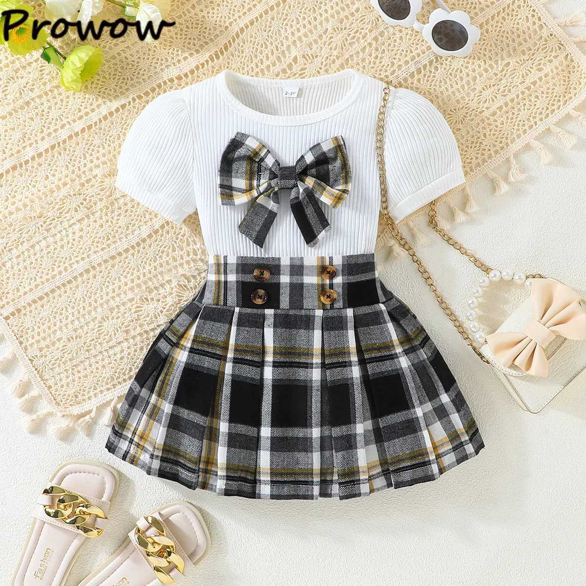 Prowow Summer Girl School Uniforms Plaid Bow Top and High Waist Plaid Skirt 2pcs Kids Academic Style Clothing Set 2025 L250926B00P