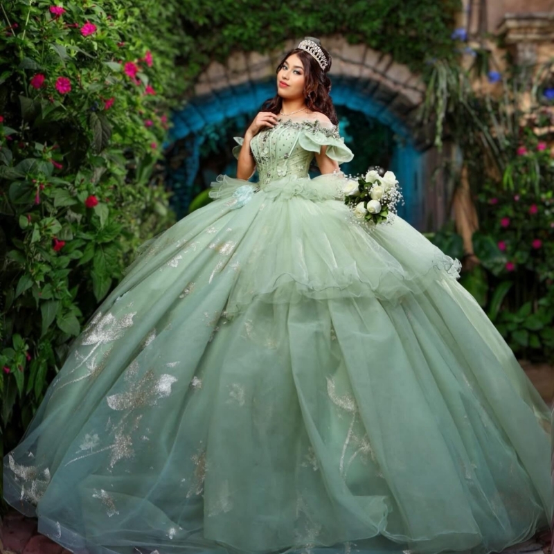 Sage Green Shiny Quinceanera Dresses Off The Shoulder Sequin Applique Lace Beads Corset Tull Party Birthday Sweet 16 Dress Vestidos 15 De Anos