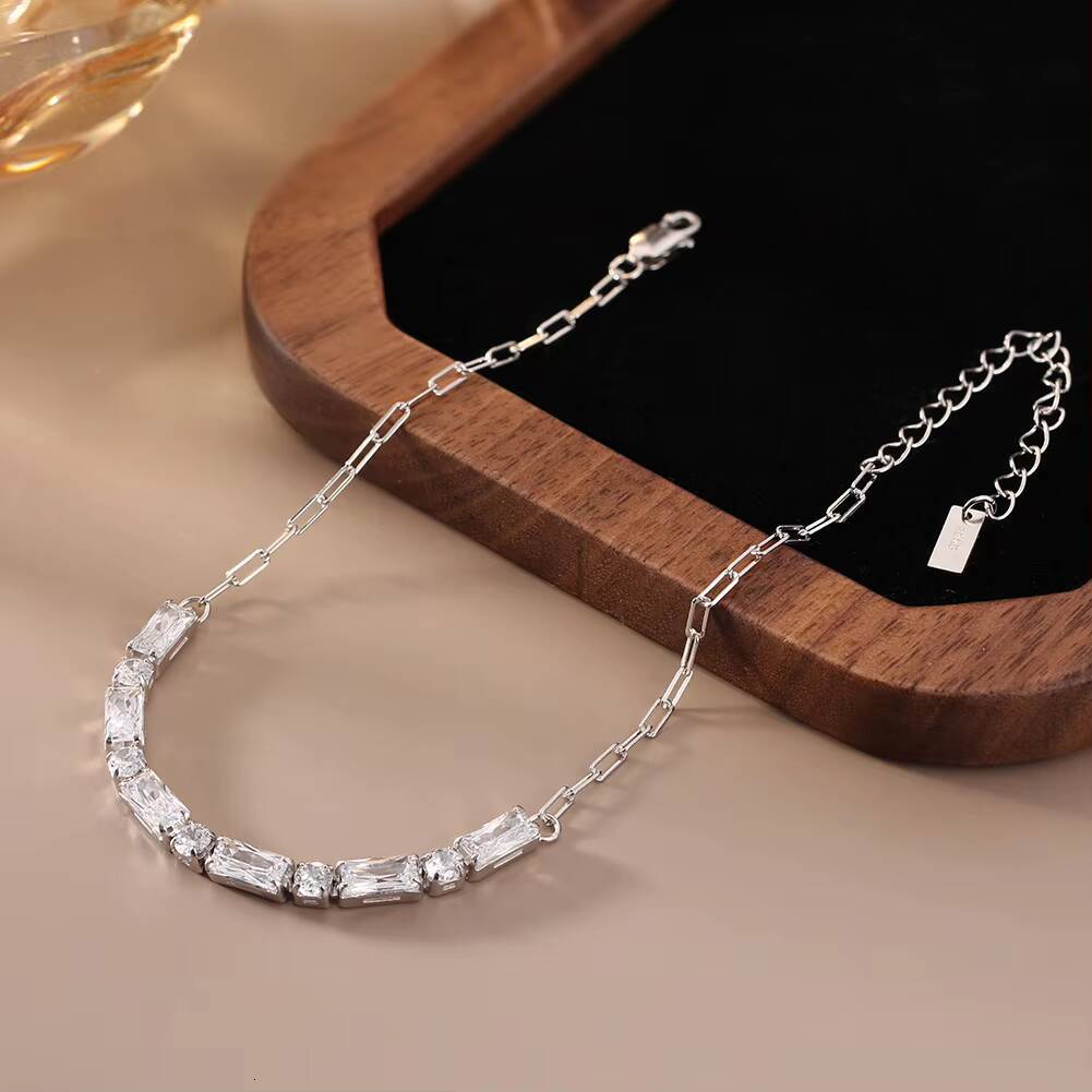 RINNTIN SB214 Delicate Tennis Bracelet 925 Sterling Silver Paper Clip Bracelet Sparking Bracelets for Women