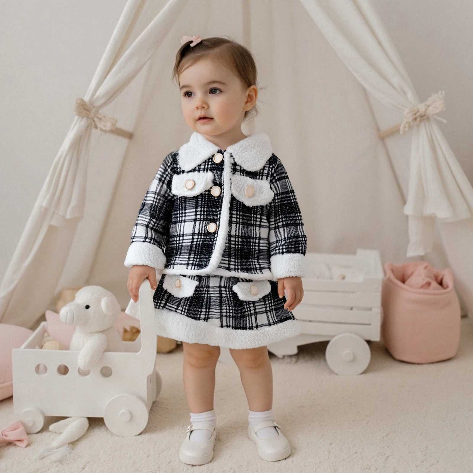 Autumn Toddler Clothes Baby Girls Plaid Long Sleeve Lapel Coat with Elastic Waist Skirt Clothing Set 2Pcs Outfit L250926PY4X