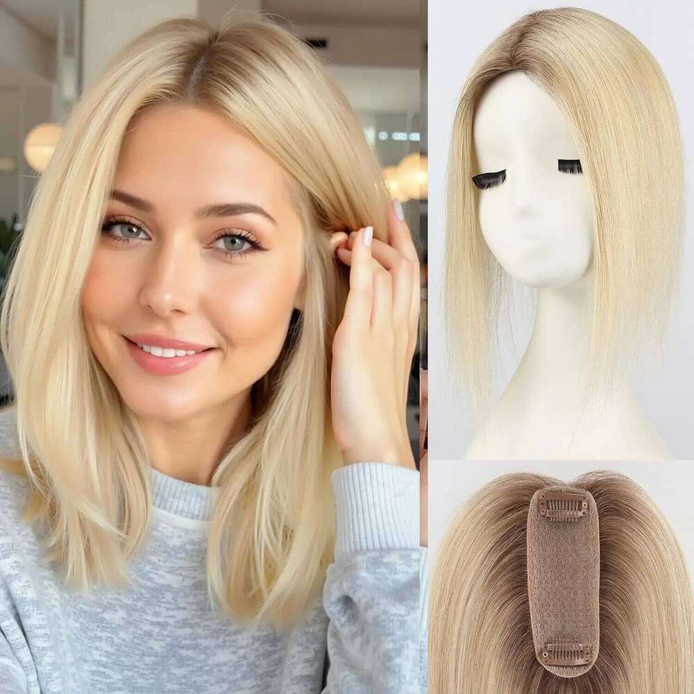 12 Inch Silk Base ombre Light Blonde No Bangs Straight Natural Human Hair Toppers for Women Daily Use