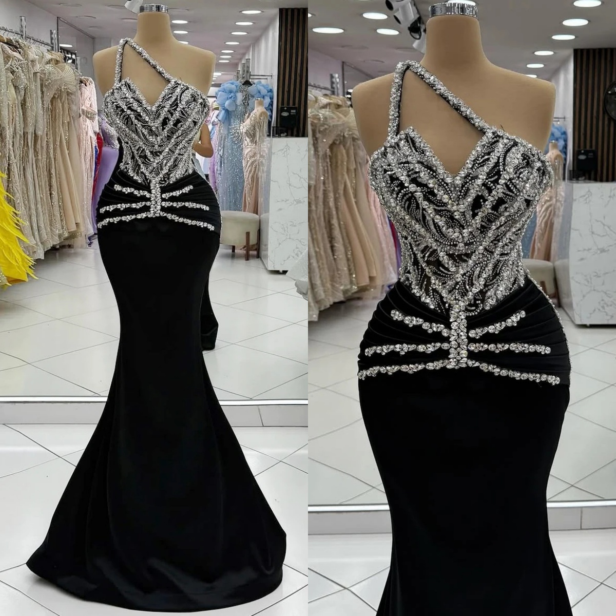 Modern Crystal Evening Dresses One Shoulder Prom Gowns Rhinestone Beading Sleevesless Princess Customized Vestidos De Noche Plus Size