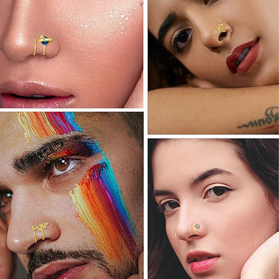 16PCS Nose Ring Hoop Stainless Steel Dangle Spiral Nose Rings Snake Flower Butterfly Wings Heart Ball Twist Earring Hoops Body Piercing Jewelry