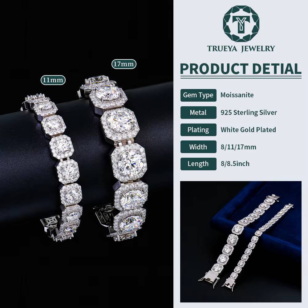 Custom Men Hip Hop Jewelry 925 Sterling Silver Iced Out Square Clustered Diamond Mossanite Moissanite Tennis Link Chain Bracelet
