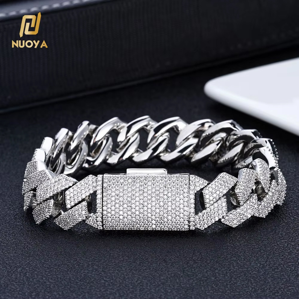 NUOYA 15mm 4 Rows Silver Plated Prong Set Miami Cuban Link Bracelet Iced Out Diamond Round Cut CZ Stones Hip Hop Jewelry