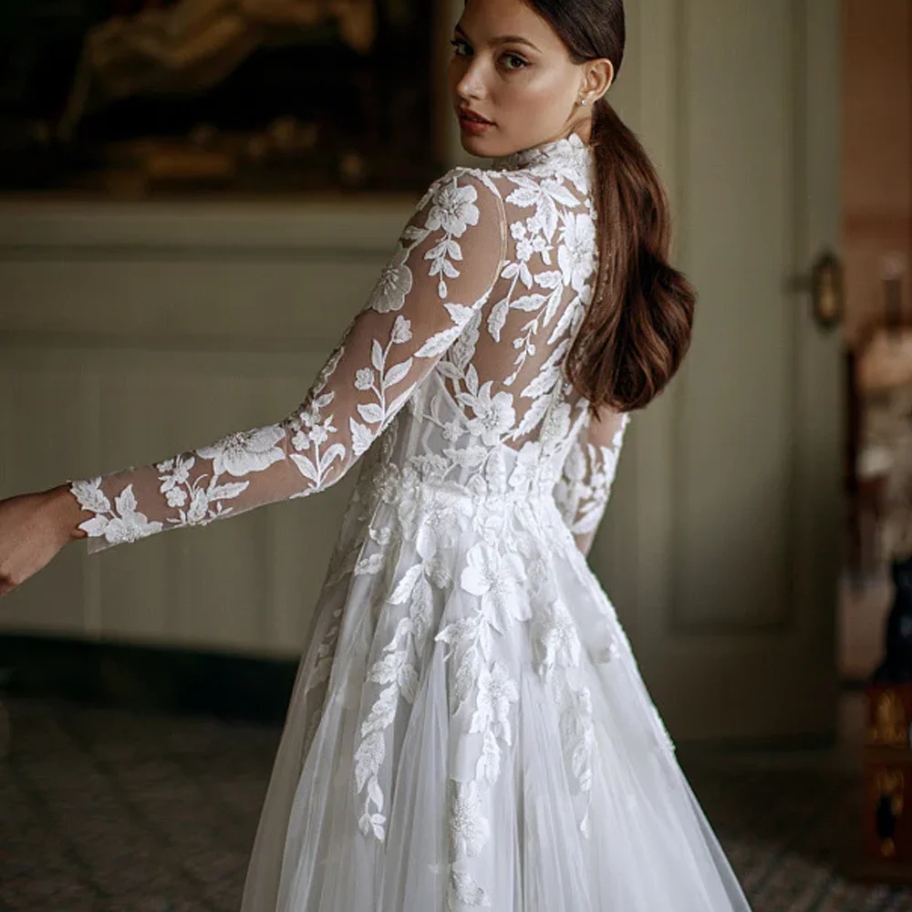 Classic A-line Wedding Dress 2026 High Neck Flowers Lace Appliques Illusion Long Sleeves Tulle Bride Party Gown Bridal Gowns Vestidos De Noiva
