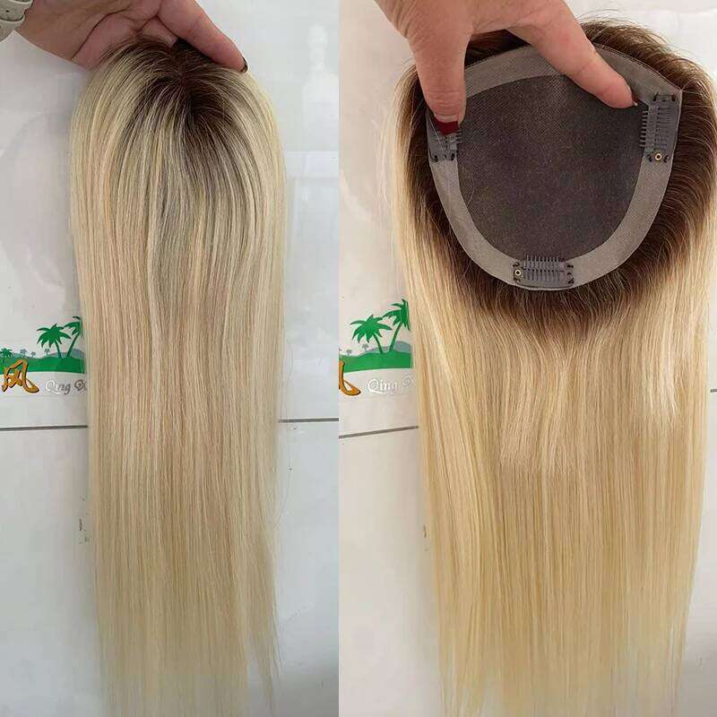 T1B/613 Mono Hand tied Monofilament PU Topper 14INCH Top Toupeer Breathable Hair Piece with Clip For Women T2/613 T4/613