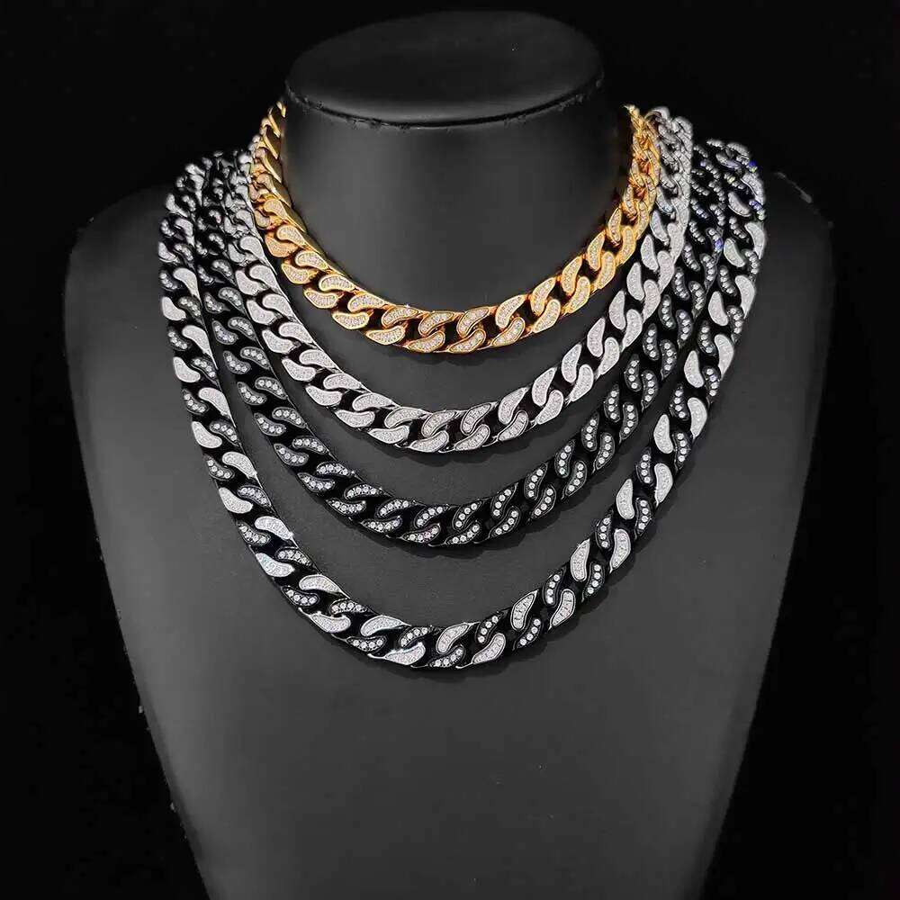Cuban Link Chains For Men Gold Plating Stainless Steel Women Bling Dia Chain Chunky Necklace 12mm 16 to 26 Inches