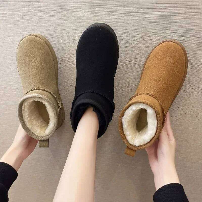 New Snow Boot Style Short Mini Winter Sheepskin Women Waterproof Natural Wool Boots Fur Lined Ankle Warm Flat Shoes