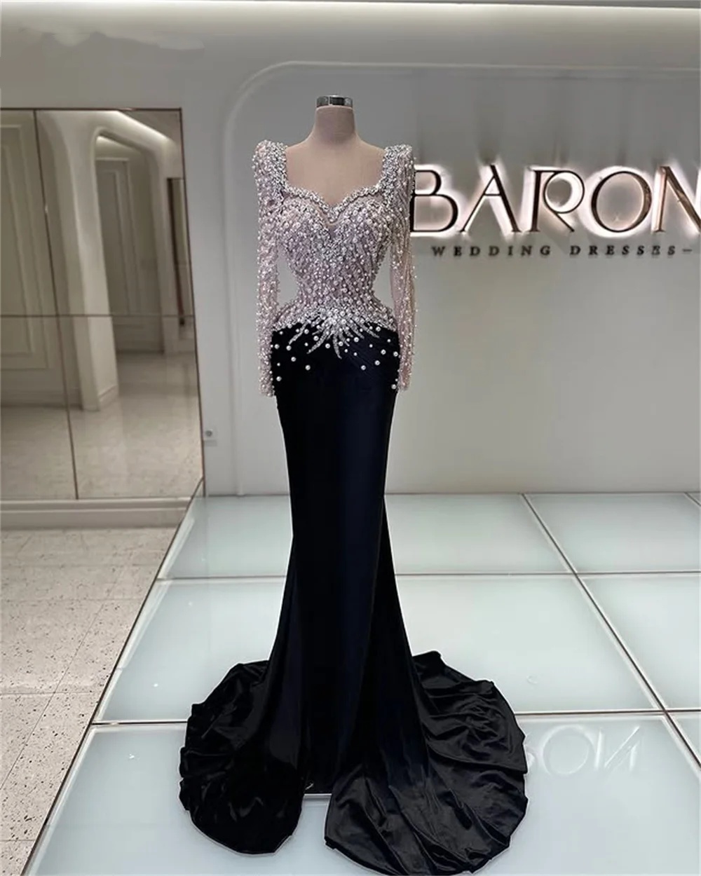 Elegant Pearls Evening Dresses Crystal Prom Gowns Beading Velvet Sequins Long Sleeves Princess Customized Vestidos De Noche Plus Size