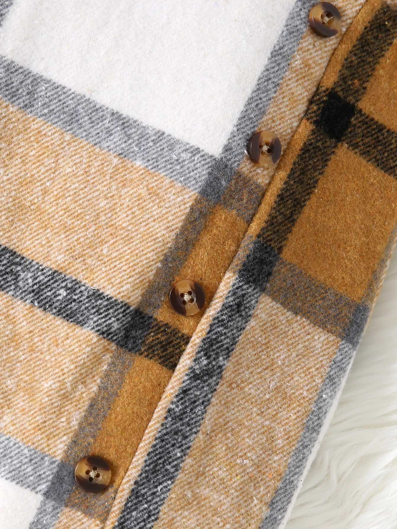 Two Piece Set Of AutumnWinter Girls Mesh Splicing Plush Long Sleeved Knitted Solid Color Top Irregular Button Plaid Skirt Set L250926UQ5Q