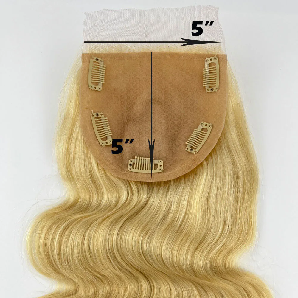 5x5" Ash Blonde Human Hair Topper Silk Skin Base Women Toupee Body Wave Remy Hair Scalp Top Cloure Lace Front with Clip in #613