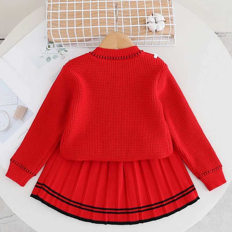 Christmas Suit Knitted Single row pearl buckle Baby Gir Clothes Red bow knitted sweaterPleated Skirt Baby New Year Set 2Pcs L250926J2KT