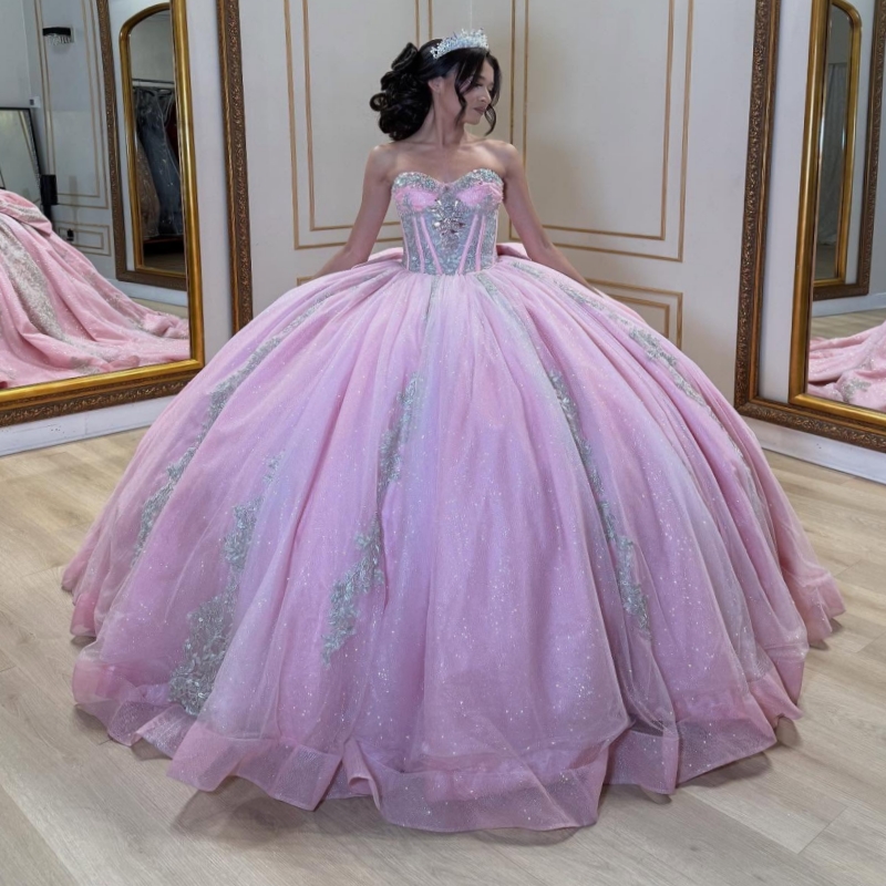 Pink Shiny Quinceanera Dresses Off The Shoulder Applique Lace Beading Crystal Bow Corset Tull Party Birthday Sweet 16 Dress Vestidos 15 Anos