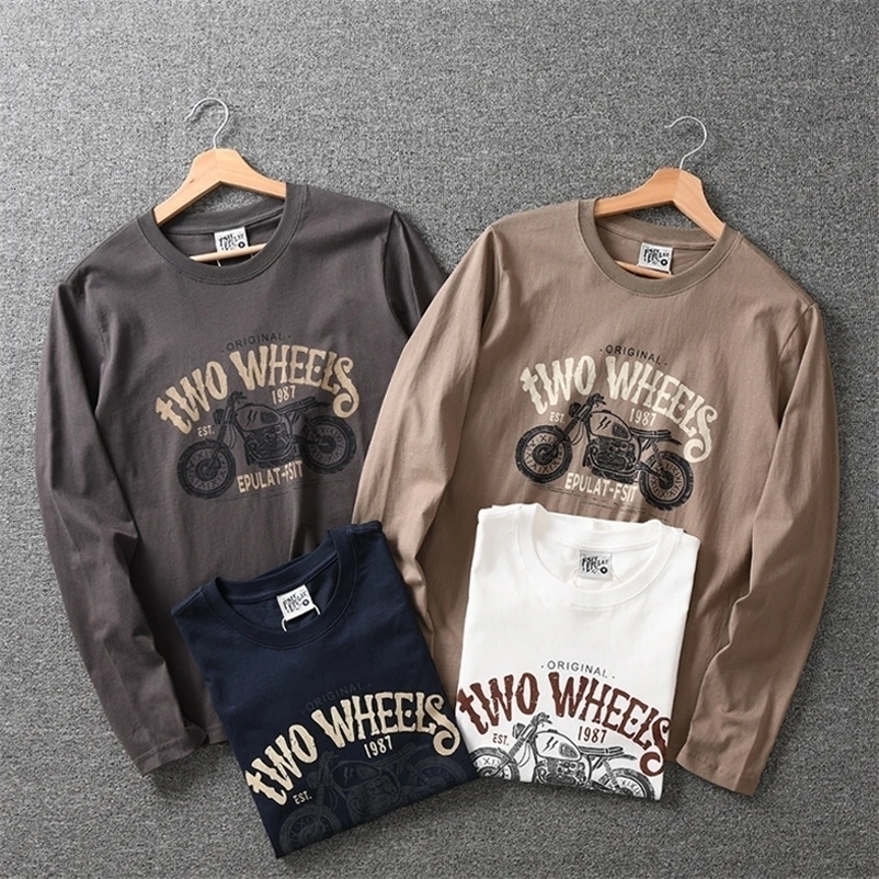 Autumn American Retro Long Sleeve O-neck Motorcycle Printed T-shirt for Men Simple 100% Cotton Laundry Casual Sports Top 241019