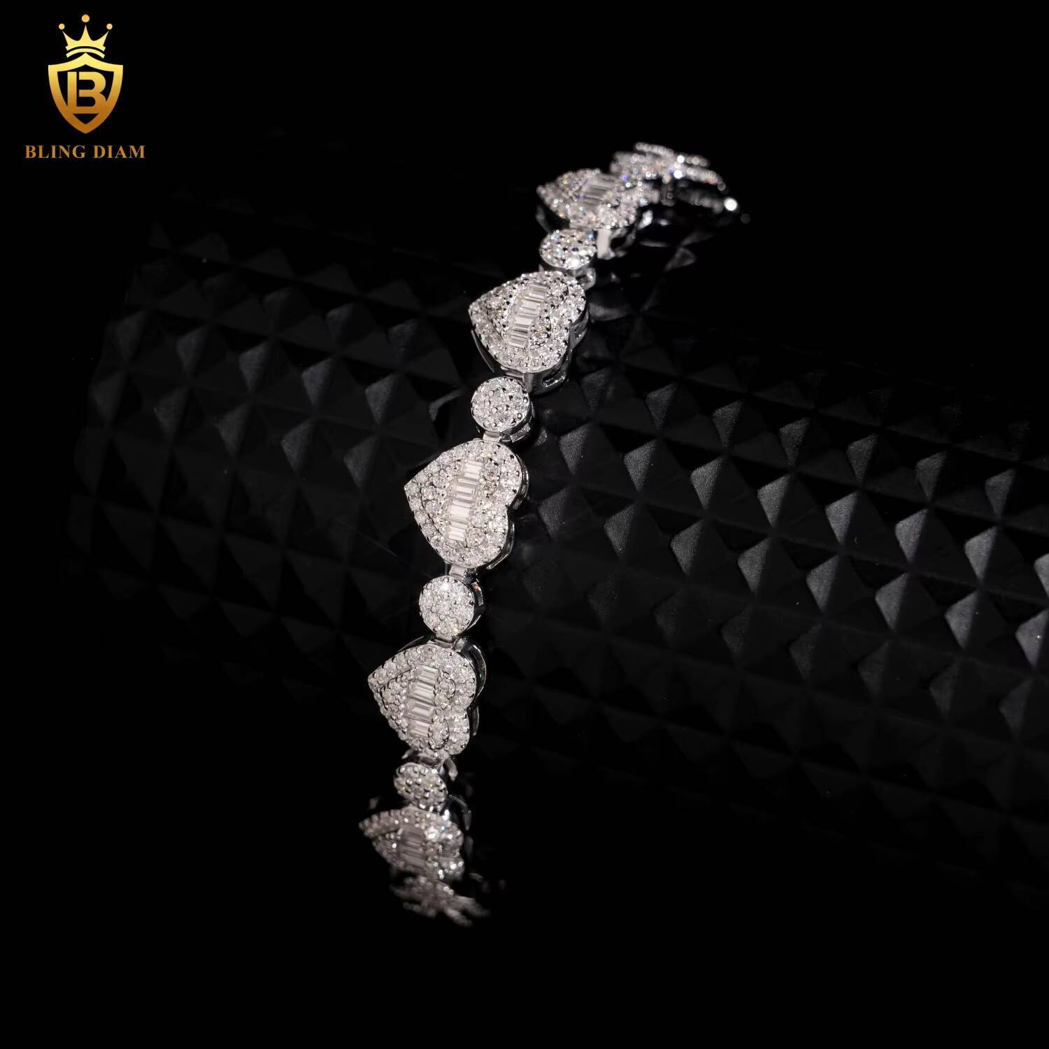 Fine Jewelry Necklace and Bracelet Bangle Set 925 Sterling Silver 85mm Vvs Moissanite Love Heart Tennis Chain