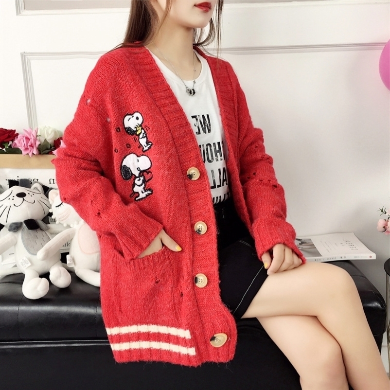 Autumn Embroidered Sweater Coat Loose Casual Korean Fashion Cardigan Sweaters Women's Winter Pocket Sweaters Lady Clothing 201031