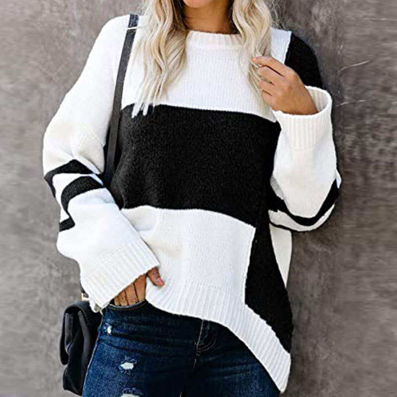 Autumn Winter New Striped Street Style Trendy Sweater Color Block Patchwork Crew Neck Pullover Knitwear